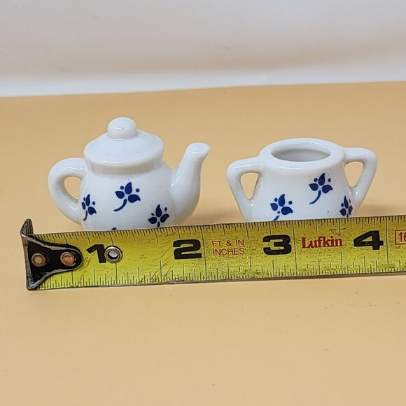 Miniature White Ceramic Tea Set With Blue Floral Design - Set Of 5 Pieces For Di - Picture 11 of 13
